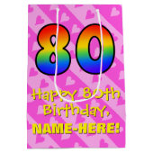 80誕生日:おもしろいピンクハートストライプ、レインボー80 ミディアムペーパーバッグ (裏面)