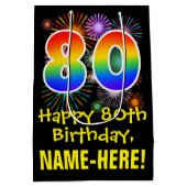 80誕生日:おもしろい花火パターン+虹80 ミディアムペーパーバッグ (裏面)