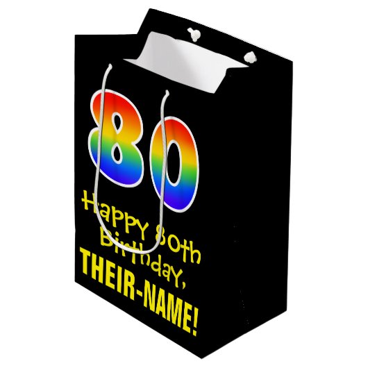 80誕生日:おもしろい、はっきりした、カラフルレインボー「80」 ミディアムペーパーバッグ (正面アングル)