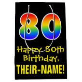 80誕生日:おもしろい、はっきりした、カラフルレインボー「80」 ミディアムペーパーバッグ (正面)
