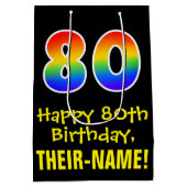 80誕生日:おもしろい、はっきりした、カラフルレインボー「80」 ミディアムペーパーバッグ (裏面)