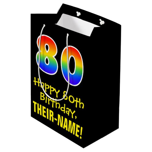 80誕生日:おもしろい、はっきりした、カラフルレインボー「80」 ミディアムペーパーバッグ (裏面アングル)