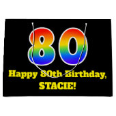 80誕生日~おもしろい, カラフル, 鮮やか, Rainbow 80 ラージペーパーバッグ (正面)
