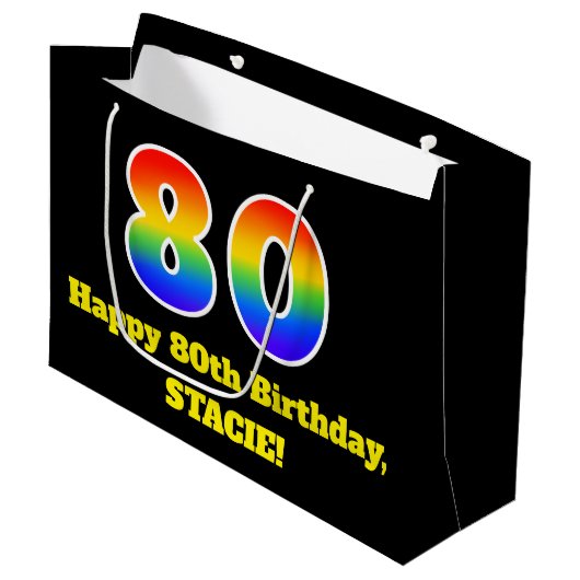 80誕生日~おもしろい, カラフル, 鮮やか, Rainbow 80 ラージペーパーバッグ (正面アングル)