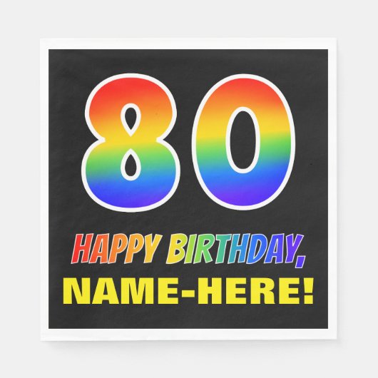 80誕生日:はっきりした,おもしろい,シンプル虹, 80 スタンダードランチョンナプキン (正面)
