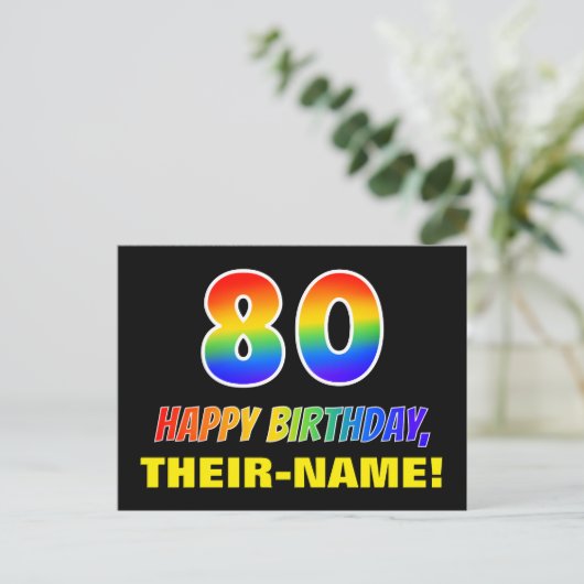 80誕生日:はっきりした,おもしろい,シンプル虹， 80 ポストカード (スタンド正面)
