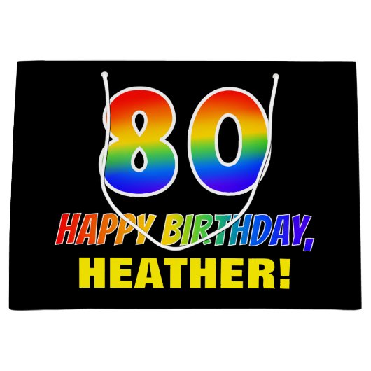 80誕生日:はっきりした,おもしろい,シンプル虹， 80 ラージペーパーバッグ (正面)