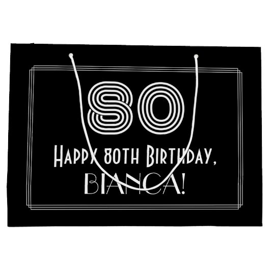 80誕生日— アールデコ刺激を受けたルク「80」と名前 ラージペーパーバッグ (裏面)