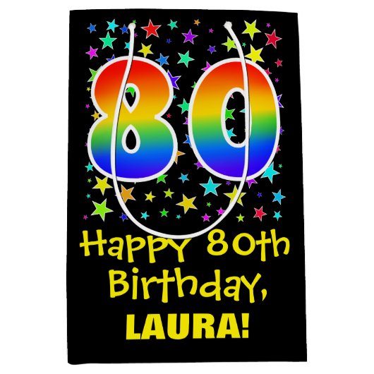 80誕生日:カラフルスターズパターン&レインボー80 ミディアムペーパーバッグ (正面)