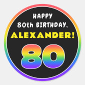 80誕生日:カラフルレインボー# 80、名前をカスタムする ラウンドシール (正面)