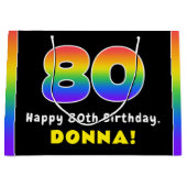 80誕生日:カラフルレインボー# 80、名前をカスタムする ラージペーパーバッグ (正面)