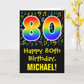 80誕生日:カラフル音楽シンボル+虹80 カード (黄色い花)