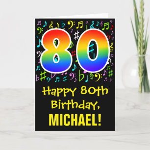 80誕生日:カラフル音楽シンボル+虹80 カード