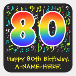 80誕生日:カラフルMusic Symbols, Rainbow 80 スクエアシール
