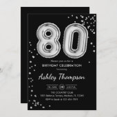 80誕生日 – シルバー風船ブラック 招待状 (正面/裏面)