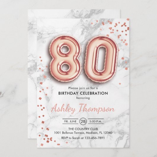 80誕生日-バラ金ゴールドバルーン大理石効果 招待状 (正面/裏面)