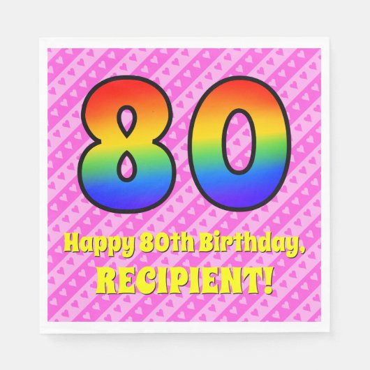 80誕生日:ピンクストライプのハート、レインボー# 80 スタンダードランチョンナプキン (正面)