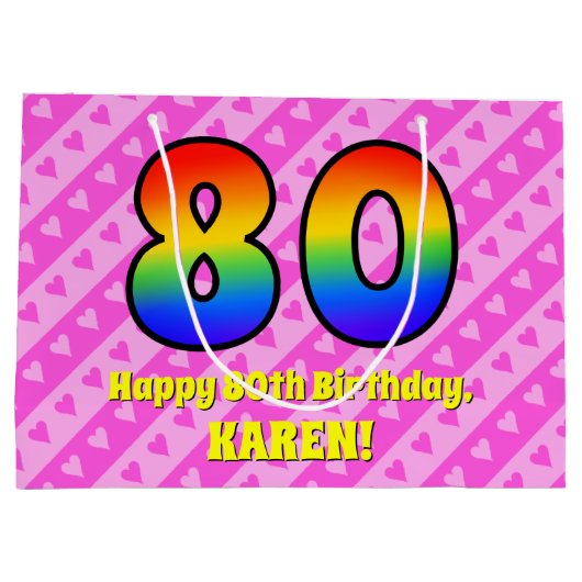80誕生日:ピンクストライプのハート、レインボー# 80 ラージペーパーバッグ (裏面)