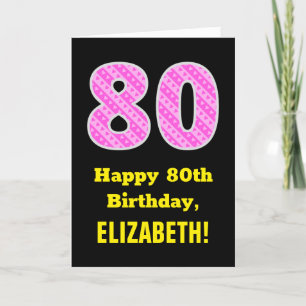 80誕生日:ピンクストライプ色のハートと"80" +名前 カード