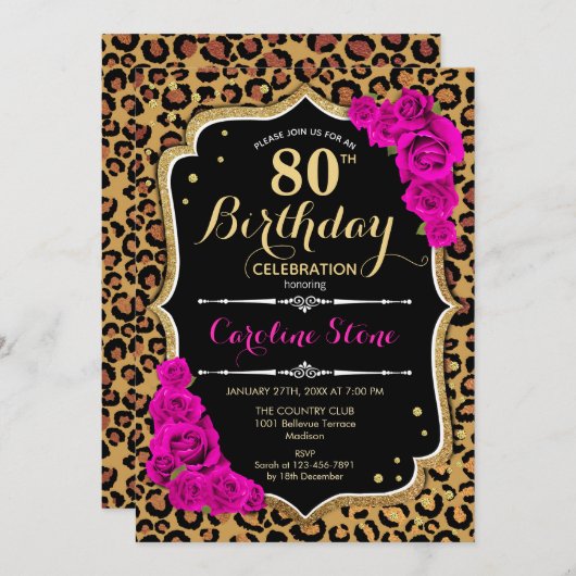 80誕生日 – ピンクローゼズヒョウ印刷 招待状 (正面/裏面)