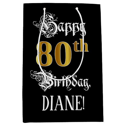 80誕生日～ファンシースクリプト；フェイク金ゴールド検索；名前 ミディアムペーパーバッグ (正面)