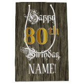 80誕生日:フェイク金ゴールドルック&ウッドフェイクパターン ミディアムペーパーバッグ (正面)