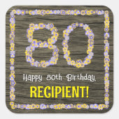 80誕生日:フローラ番号、フェイク木目、名前 スクエアシール (正面)