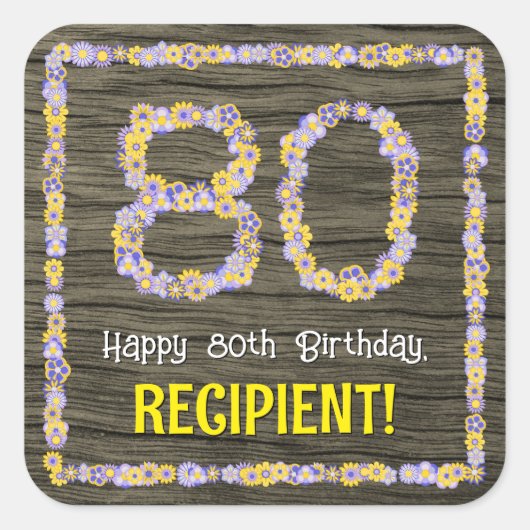 80誕生日:フローラ番号、フェイク木目、名前 スクエアシール (正面)