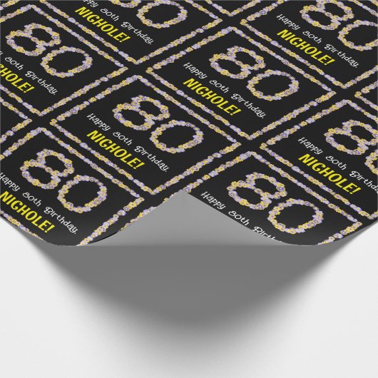 80誕生日:フローラ花数名前をカスタムする ラッピングペーパー (角)