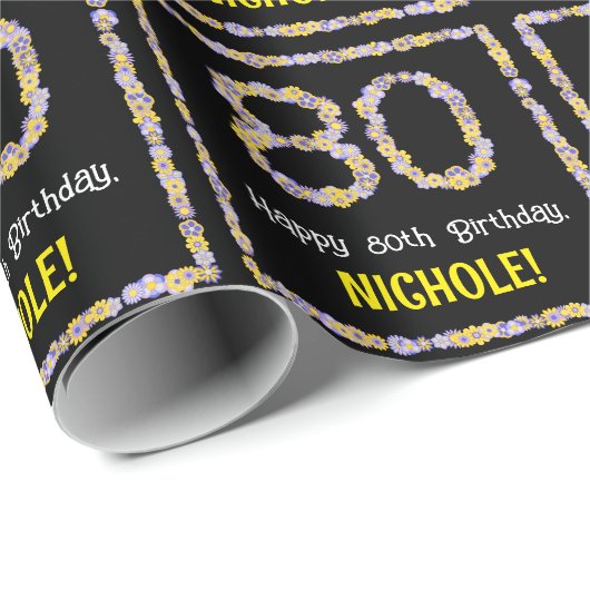 80誕生日:フローラ花数名前をカスタムする ラッピングペーパー (ロールコーナー)