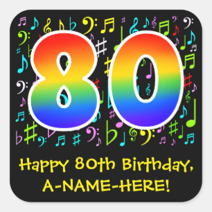 80誕生日:ミュージカラフルックシンボル、レインボー80 スクエアシール