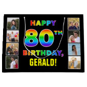 80誕生日：レインボー文字カスタム、写真&名前 ラージペーパーバッグ (正面)
