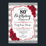 80誕生日 – レッドシルバーホワイトストライプバラ 招待状<br><div class="desc">80誕生日招待状エレガント銀白色デザインとフェイクグリッター。赤いバラのストライプ付いた銀と白の。エレガントな誕生日パーティーに最適。</div>