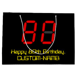 80誕生日：レッドデジタルクロックスタイル"80" +名前 ラージペーパーバッグ