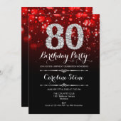 80誕生日 – レッドブラックシルバー 招待状 (正面/裏面)