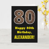 80誕生日:名前フェイク、木目パターン「80」 カード (黄色い花)