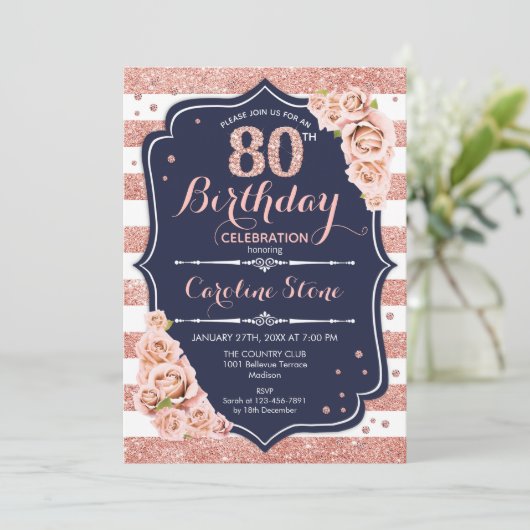 80誕生日 – 海軍バラ金ゴールドと白ストライプ色 招待状 (スタンド正面)