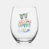 80誕生日 |花のポットに座る子猫 ステムなしワイングラス (正面)