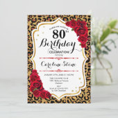 80誕生日 – 赤金ゴールドLeopard Print 招待状 (スタンド正面)