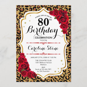 80誕生日 – 赤金ゴールドLeopard Print 招待状