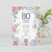 80誕生日、7月4日レッドホワイト&ブルーフローラ 招待状 (スタンド正面)