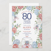 80誕生日、7月4日レッドホワイト&ブルーフローラ 招待状 (正面/裏面)