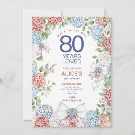 80誕生日、7月4日レッドホワイト&ブルーフローラ 招待状