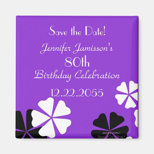 80誕生日Save the Date Purpleフローラマグネット マグネット (正面)