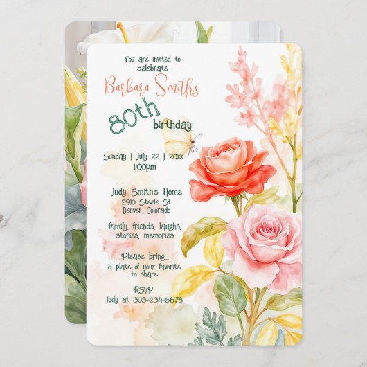 80誕生祝い美しい春の花 招待状 (正面/裏面)
