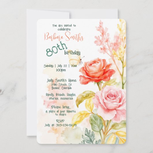 80誕生祝い美しい春の花 招待状 (正面)