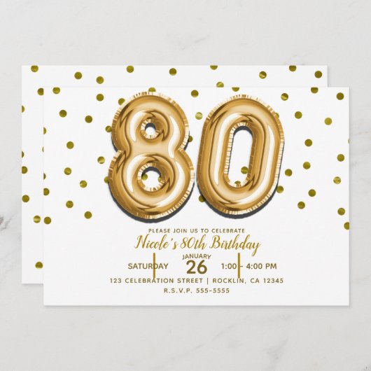 80金ゴールドバルーン&紙吹雪80th誕生日パーティー 招待状 (正面/裏面)