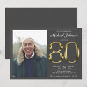 80金ゴールド文字ダークグレークラスフォト誕生日 招待状 (正面/裏面)