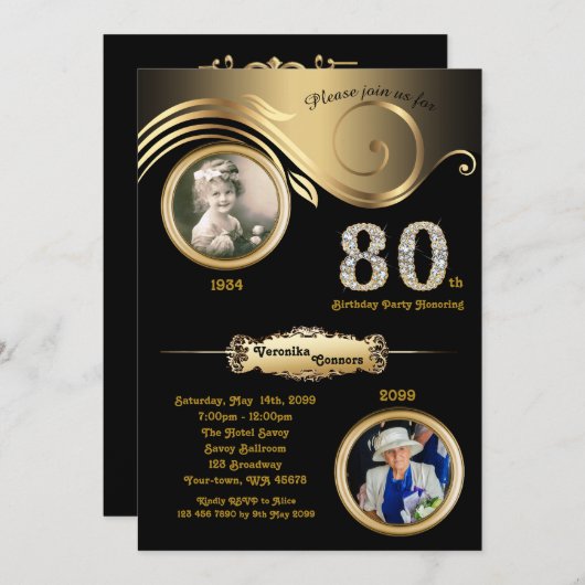 80,誕生日ウーマン80th，アートデコ，黒金ゴールド 招待状 (正面/裏面)