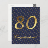 80 80th誕生日アニバーサリーブルー金ゴールド ポストカード (正面/裏面)